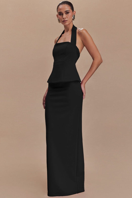 Vestido Formal Largo sin Espalda con Cuello Halter Liso
