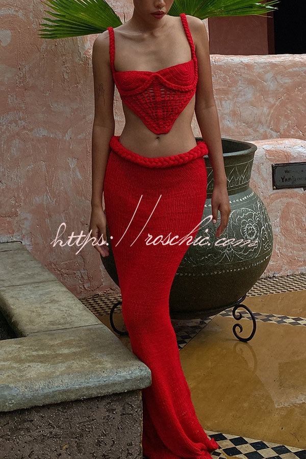 Sumui Hollow Crochet Knit Braid Detail V-shaped Hem Crop Vacation Tank