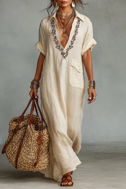 Linen Blend Embroidered V-neck Pocket Casual Loose Maxi Dress