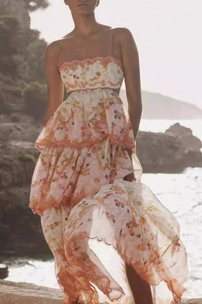 Vestido maxi bordado con borlas y aberturas en la cintura, con tirantes y capas, a la moda