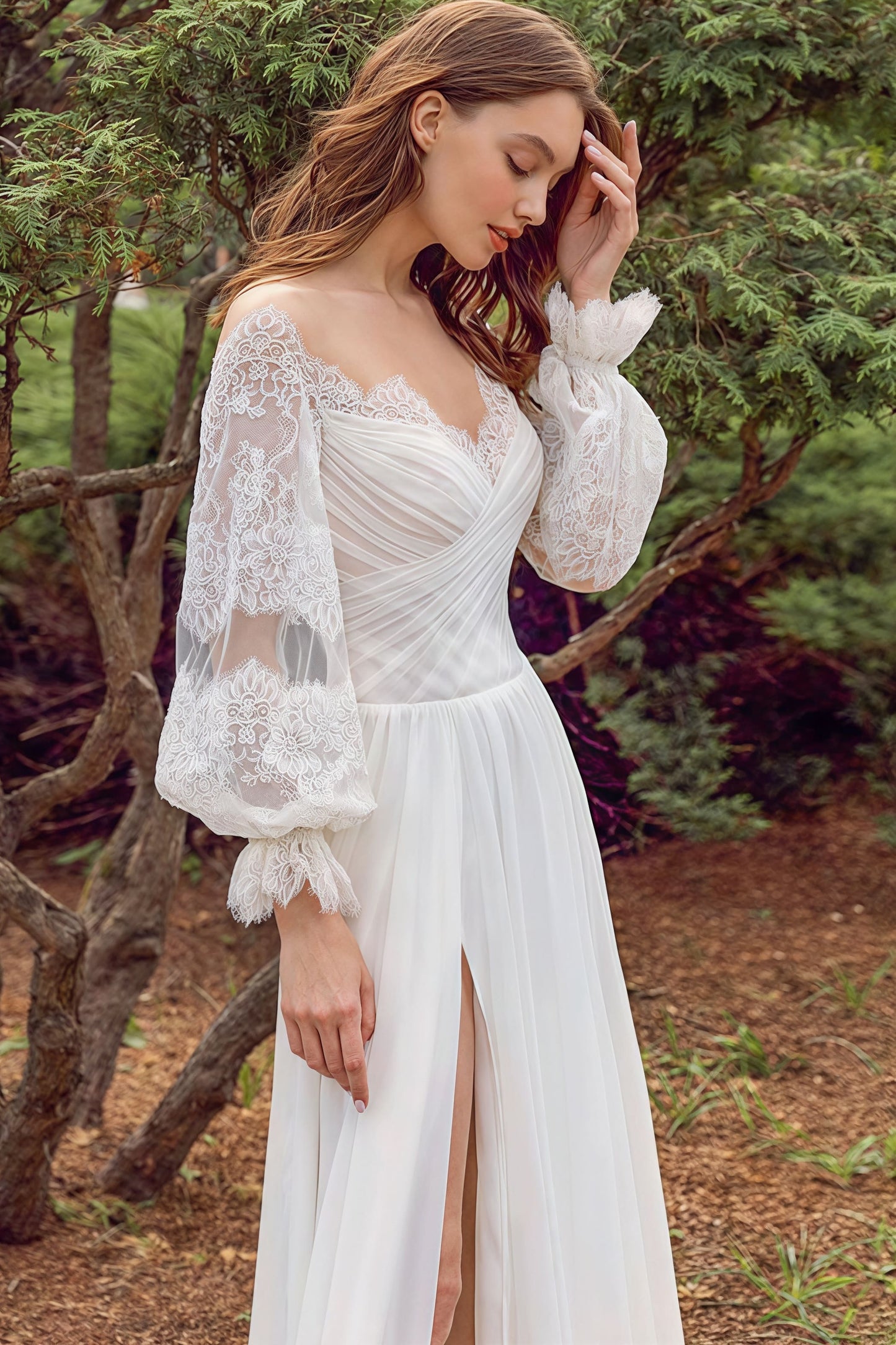 Lace Flowy High Slit Minimalist Reception Dress