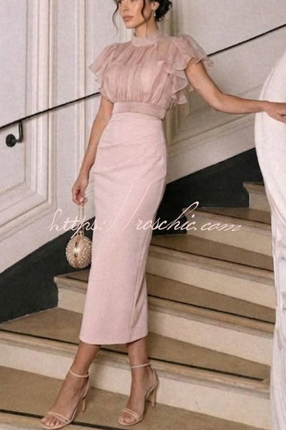 Sheer High-Neck Ruffle Sleeve Back Tie-up Top and Slip Ruched Midi Dress Two Pieces Set