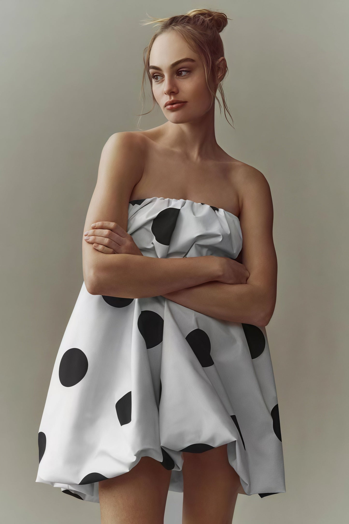Minivestido con estampado de lunares y top palabra de honor sexy
