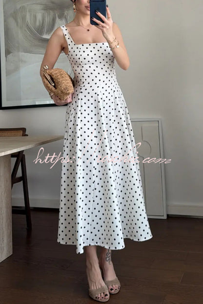 Ultimate Elegance Polka Dot Print Square Neck tie-up waist Flare midi Dress