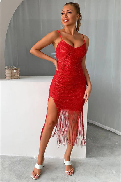 Slim V Neck Tassel  Sequin Dress