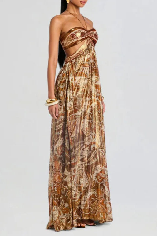 Vestido bohemio plisado con cordones y sin tirantes