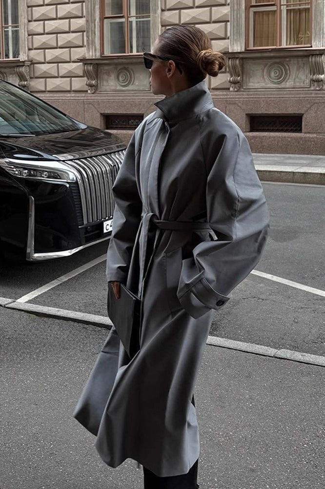 Lazy-Chic European Solid Color Stand Collar Belted Long Overcoat