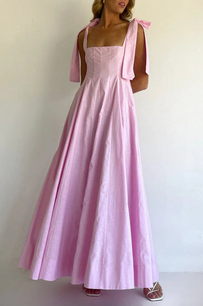 Solid Color Sleeveless Tie-up Suspender Elegant Patchwork Maxi Dress