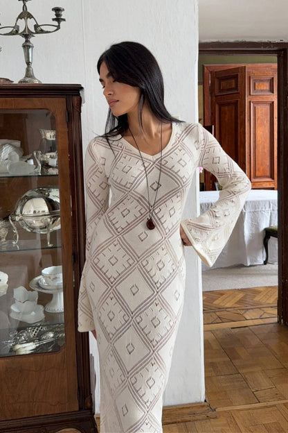 Vestido maxi de punto argyle jacquard de manga larga