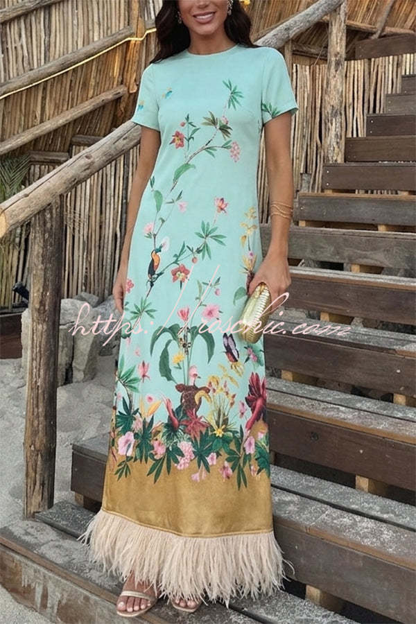 Mezcal Satin Floral Print Contrast Color Printed Short Sleeve Pocket Feather Trim Maxi Dress