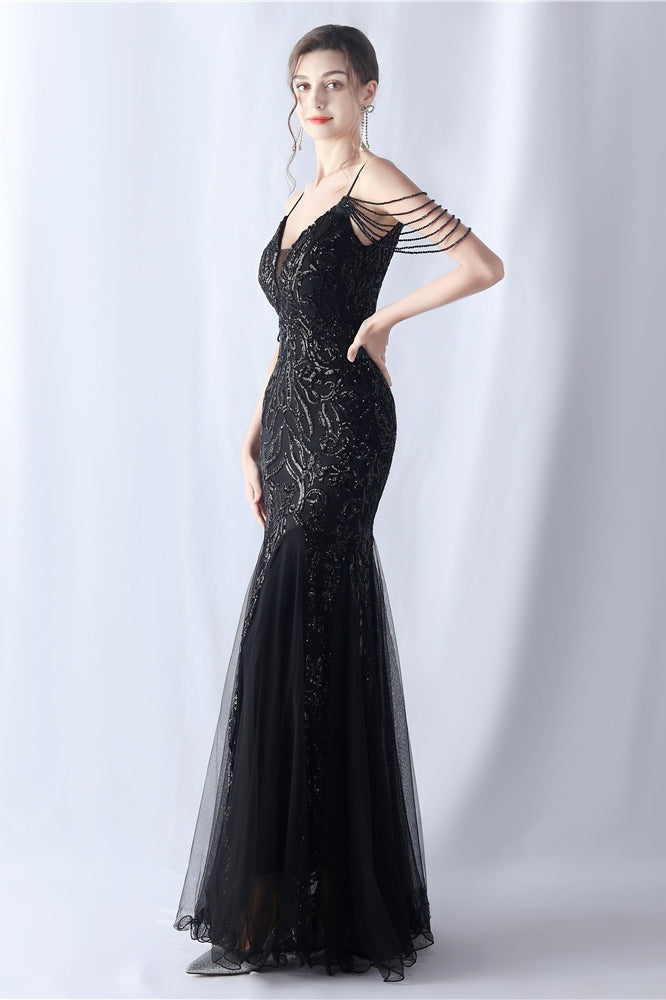 Vestido maxi de cóctel de malla con abalorios