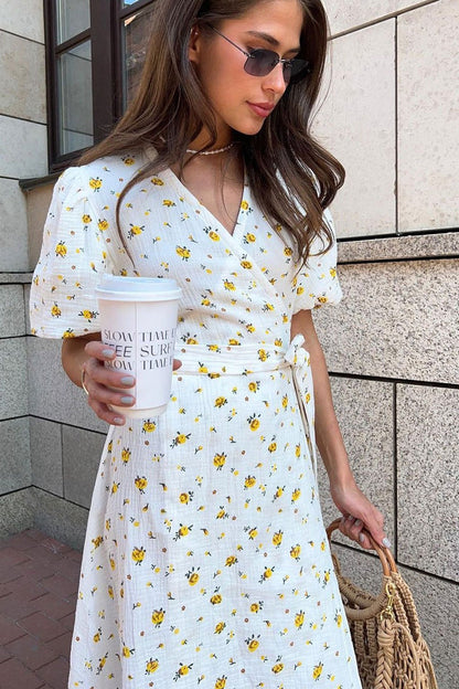 Vestido midi de algodón estampado con mangas abullonadas