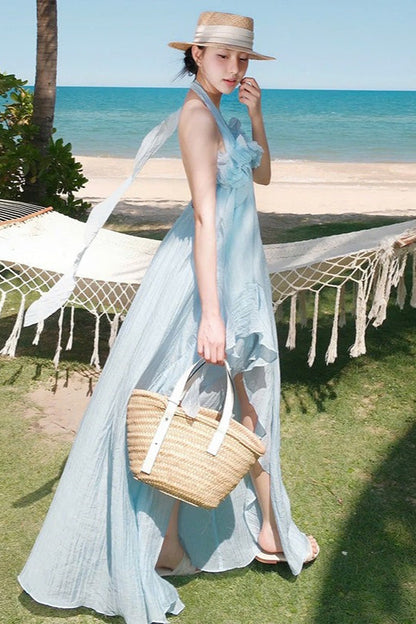 Vestido maxi halter elegante entallado con flores 3D