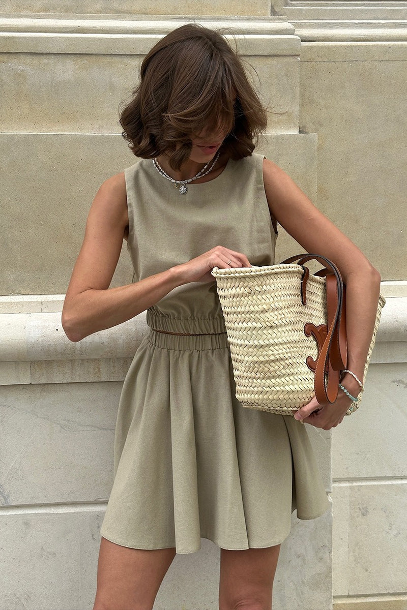 Conjunto de top de tirantes y falda plisada de lino y algodón