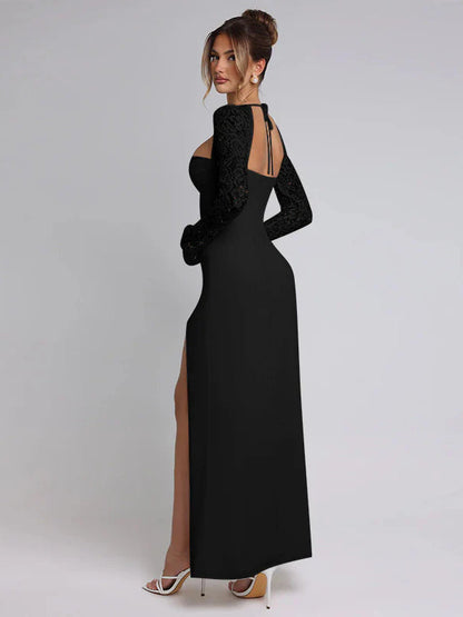 Lace Insert Long Sleeve Split Slim Fit Party Dress