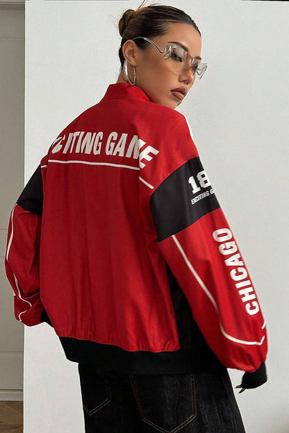 Chaqueta de manga larga estilo motorista color block con diseño de letras