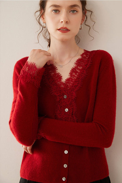 Cashmere Lace-Trimmed V-Neck Knit Cardigan