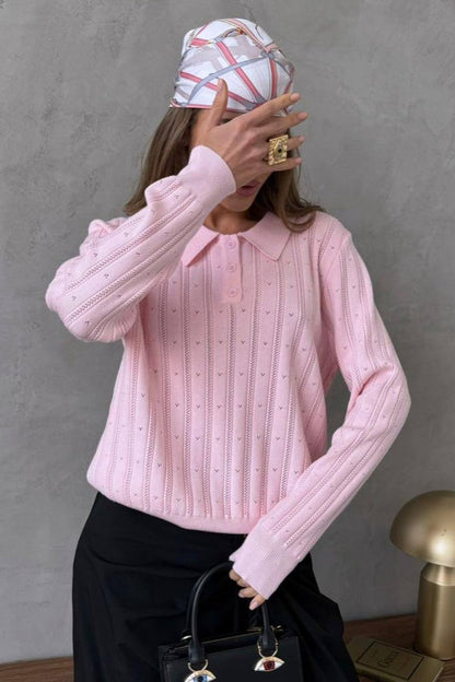 Blusa holgada de manga larga con cuello polo jacquard