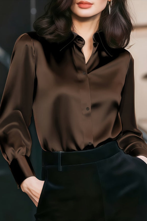 Solid Color Collared Long-sleeved Casual Button-down Shirt