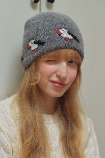 Gorro de punto con patrón de pájaros y bloques de color de mezcla de pelo de conejo