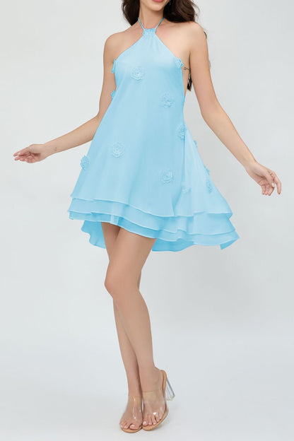 Vestido de cóctel halter de gasa con flores en 3D