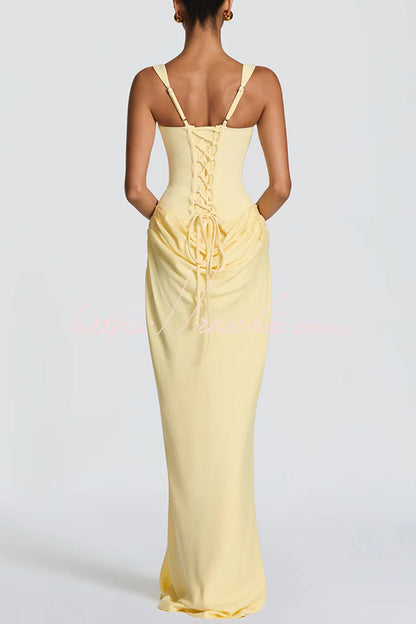 Larrah Square Neck Back Lace-up Satin Drape Hem Maxi Dress