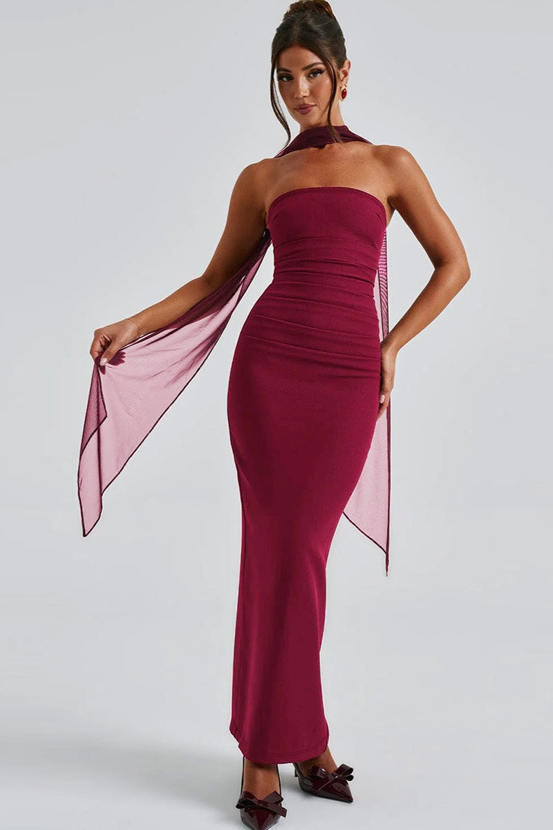 Vestido de gala tipo bustier con mangas transparentes