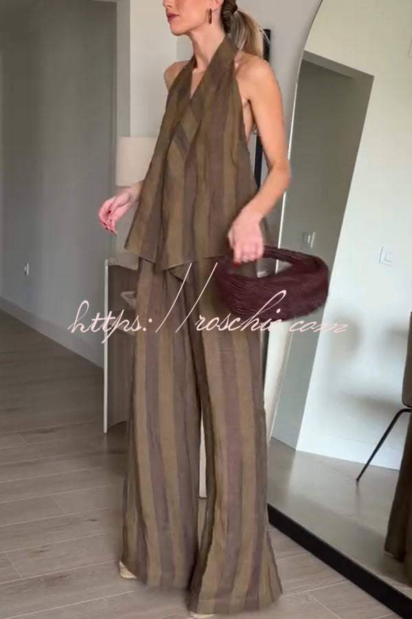 Aloof Style Striped Linen Blend Halter Vest and High Rise Button Pocket Wide Leg Pants Set
