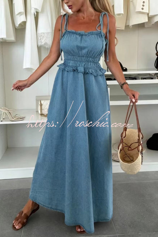 Stylish Square Neck Halter Backless Fitted Waist Pleated Casual Denim Maxi Dress