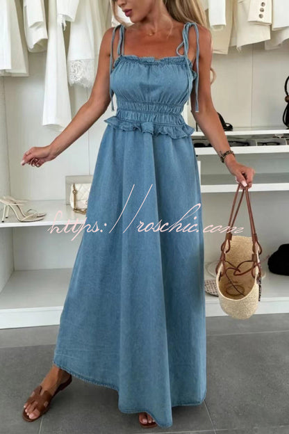 Stylish Square Neck Halter Backless Fitted Waist Pleated Casual Denim Maxi Dress