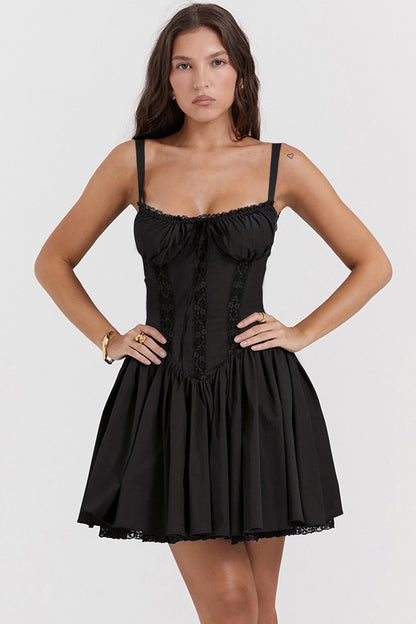 Lace Panel Spaghetti Strap Waist-cinched Sexy Mini Dress