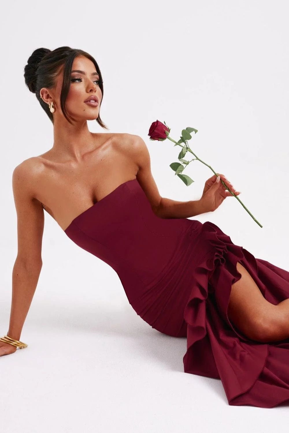 Elegant Strapless Slit Backless Bodycon Cocktail Dress