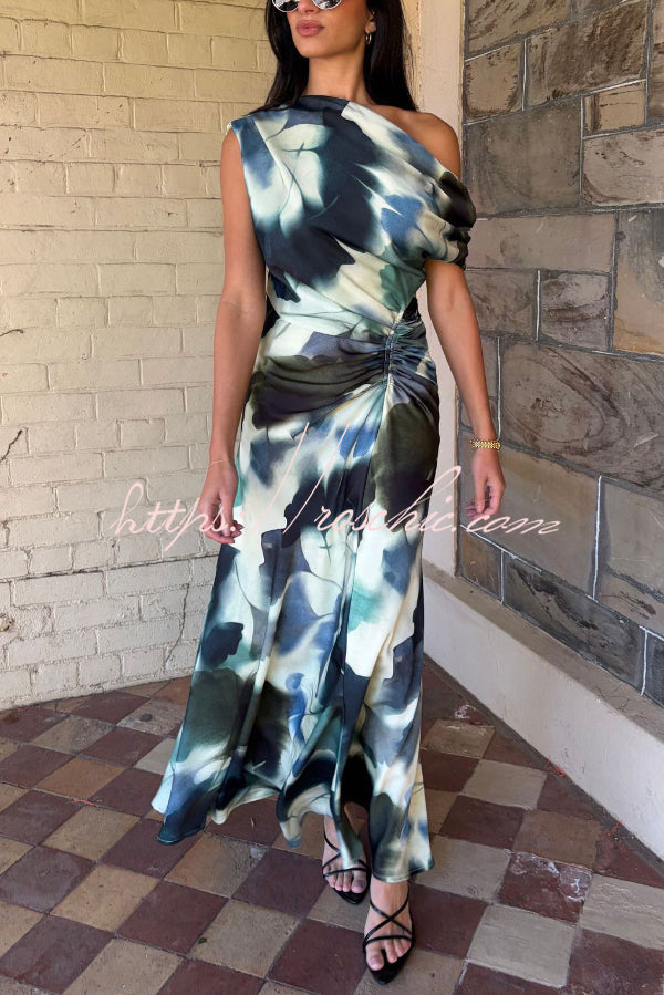 Unique Print Asymmetrical Off-Shoulder Pleated Waist Casual Maxi Dress