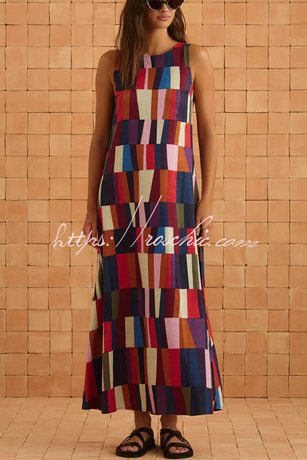 Retro Chic Linen Blend Colorful Color Block High Round Neck Sleeveless Maxi Dress