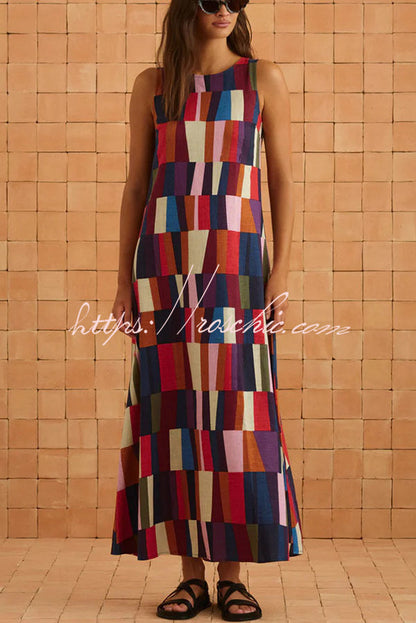 Retro Chic Linen Blend Colorful Color Block High Round Neck Sleeveless Maxi Dress