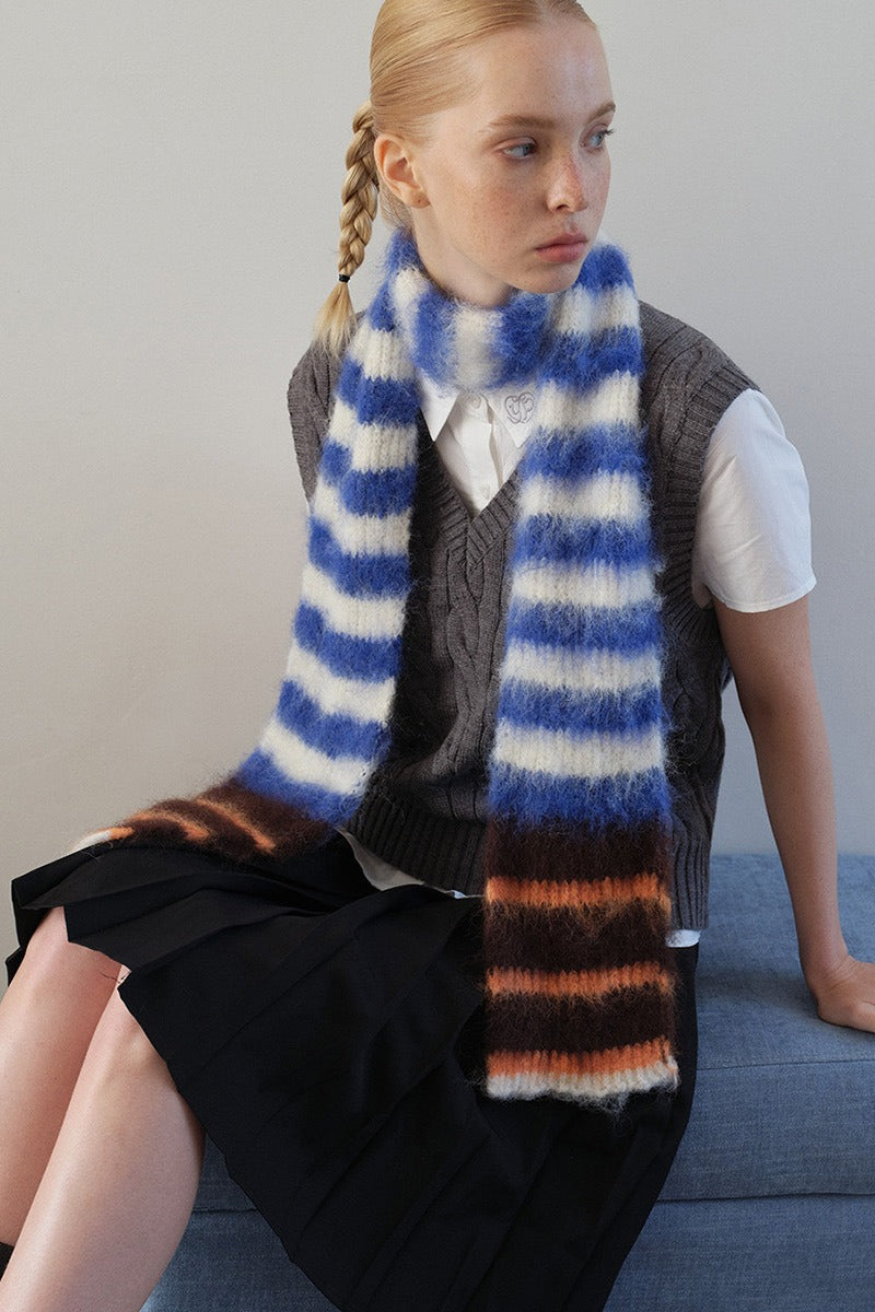 Bufanda de punto de mezcla de lana suave y estrecha a rayas en contraste