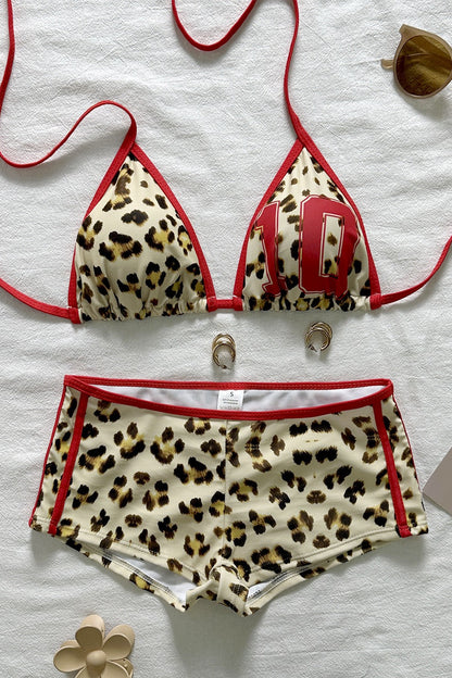Conjunto de bikini de dos piezas con lazo al cuello con estampado de leopardo