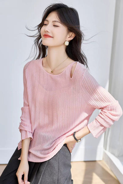 Yaohua Xiyan French Elegant Wool Openwork Ribbed Knit Top