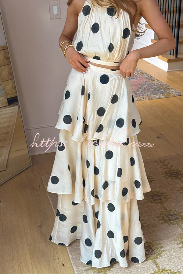 Gift To You Polka Dot Print High Neck Sleeveless Top and Layered Hem Maxi Skirt Set