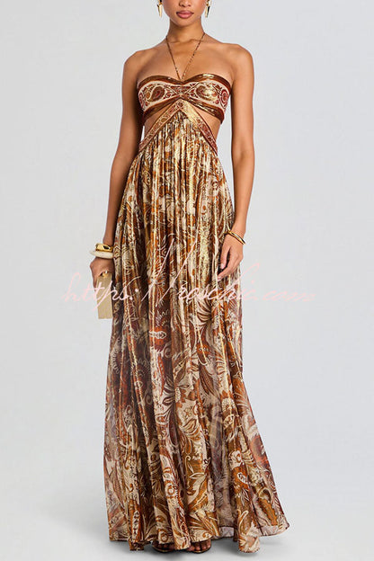 Bohemian Flair Chiffon Golden Paisley Print Cutout Halter Maxi Dress
