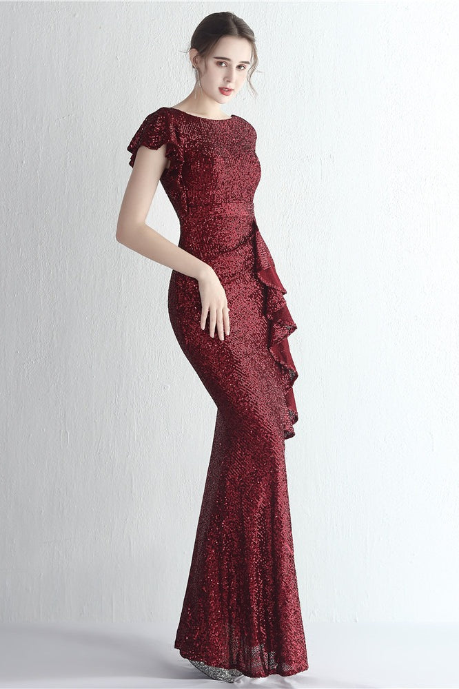 Vestido de gala de sirena con purpurina, cuello alto y abertura