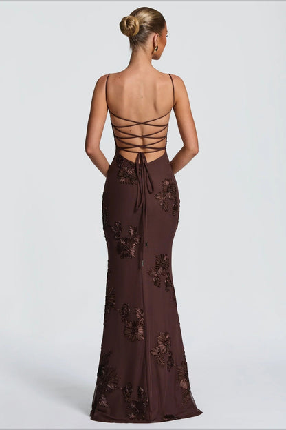 Vestido de graduación sólido con apliques 3D, almohadilla de hueso y espalda con lazo