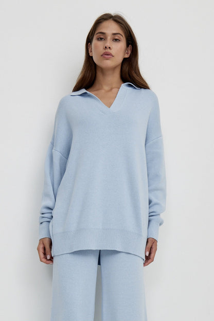 Polo Collar Knit Pullover Wide-Leg Pants Two Piece Set