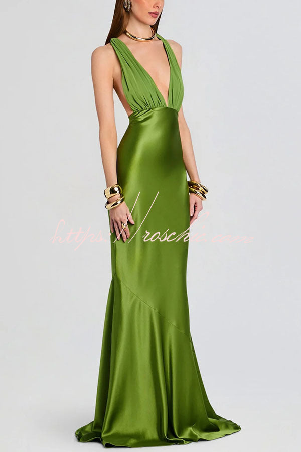 Fig Tulle Satin Patchwork Back Lace-up Drape Flare Maxi Dress