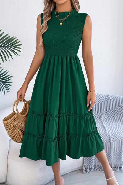 Solid Color Sleeveless Tucked Patchwork Casual Midi Dress