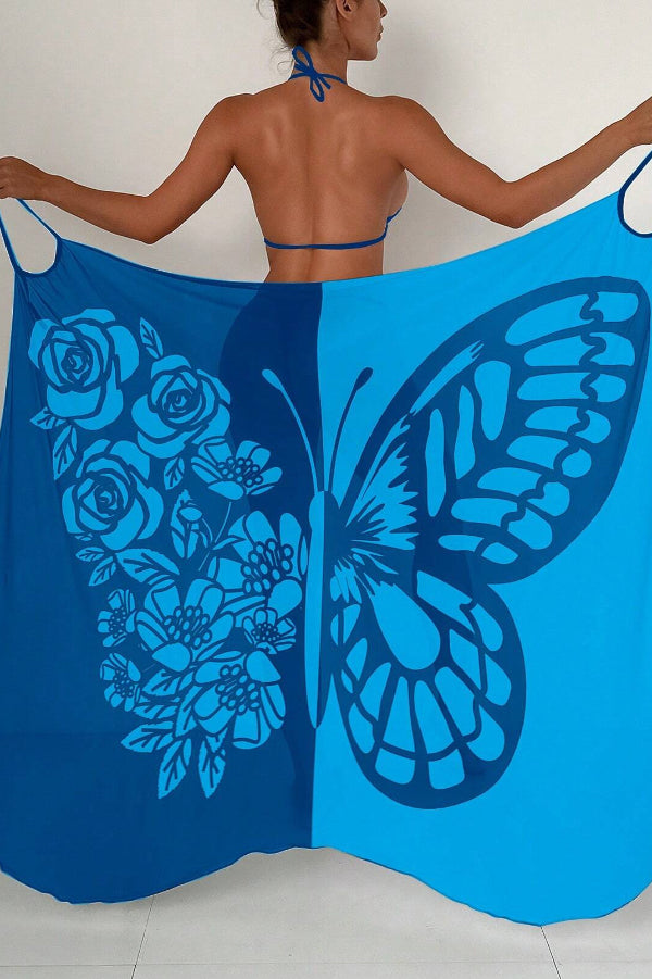 Fashionable Color-blocked Butterfly Print Resort Cover-up Midi Dress
