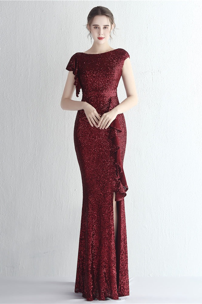Vestido de gala de sirena con purpurina, cuello alto y abertura