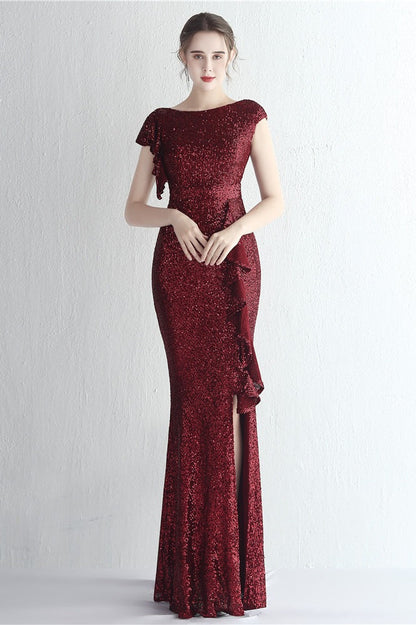 Vestido de gala de sirena con purpurina, cuello alto y abertura