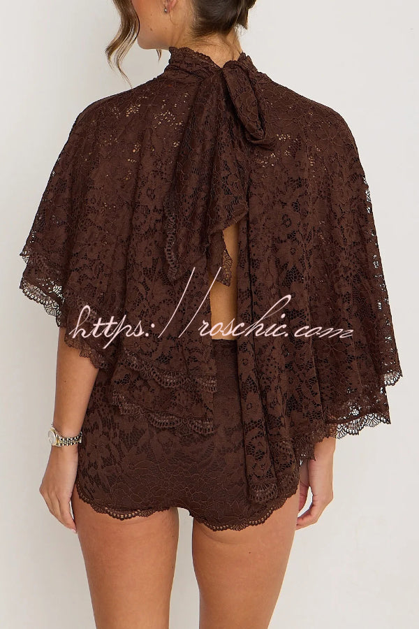 Stylish Openwork Lace Loose Top and Side Zipper Slim-fit Shorts Set