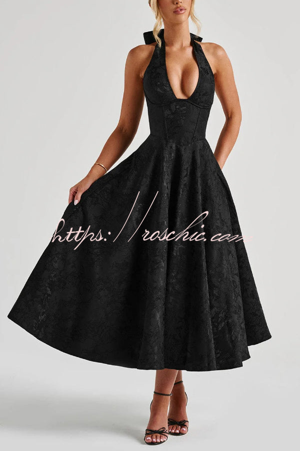 Stylish Jacquard Halter Neck Fitted Waist Open Back Elegant Midi Dress